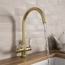 Sinkoro Traditional Kitchen Mixer Tap Twin Lever Swan Neck Curved Brushed Brass