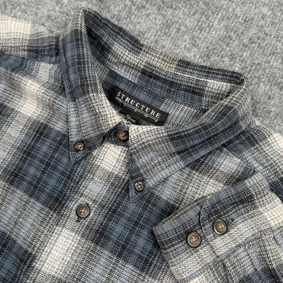 Structure Shirt Mens XL Blue Windowpane Plaid Cotton Heavyweight Blanket Flannel