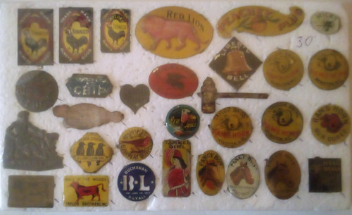 30 VTG ANTIQUE TABACCO TIN ADVERTISING TAGS RARE TAYLOR RAMS HORN FANCY BOY MK