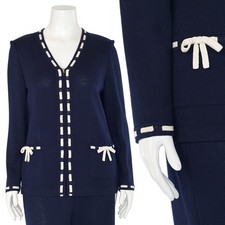 St. John Collection Dashed Santana Knit Jacket in Navy w/ Cream Trim sz 12