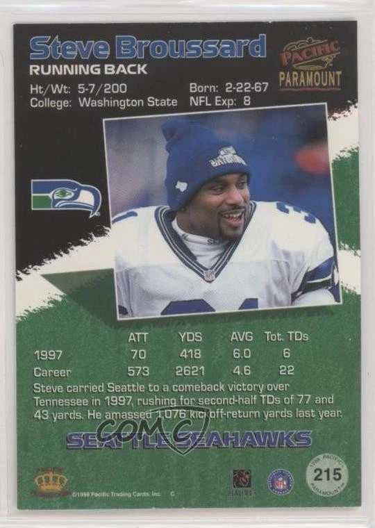 1998 Pacific Paramount Silver Steve Broussard #215 - Image 2 of 2