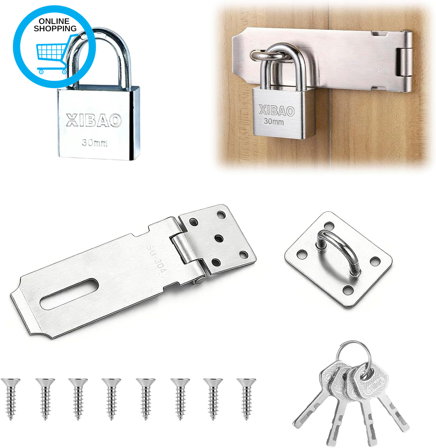 2 Pcs Door Hasp and Staple with Padlock, Stainless Steel Shed Lock, Door Locks w