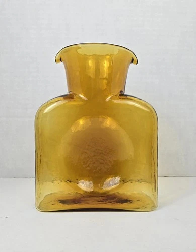 Blenko Water Bottle Art Glass Double Spout Pitcher Topaz Amber 2004 MCM #384