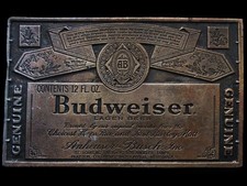 JK21137 VINTAGE 1970s BERGAMOT BUDWEISER LAGER BEER BOTTLE LABEL BELT BUCKLE