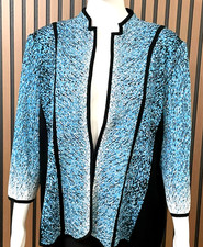 Ming Wang Women's L Blue Jacket Acrylic Suit Knit Textured Zip-Up Office Church