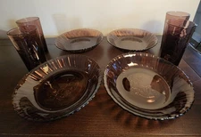 Amethyst Calla Lily Glass Bowls (4) And CRISA Amethyst Glasses (4), EUC