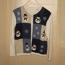 Croft  Barrow Vintage Blue White Snowman Full Zip Cardigan Medium
