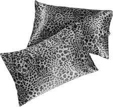 King Size 2 Pillowcases Satin Silver Leopard Extra Soft Microfiber Wrinkle Fade