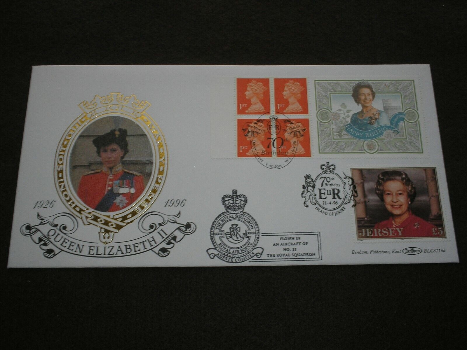 1996 GB THE QUEENS 70TH BIRTHDAY LABEL BENHAM FDC DOUBLED JERSEY £5 Very Ltd. Ed