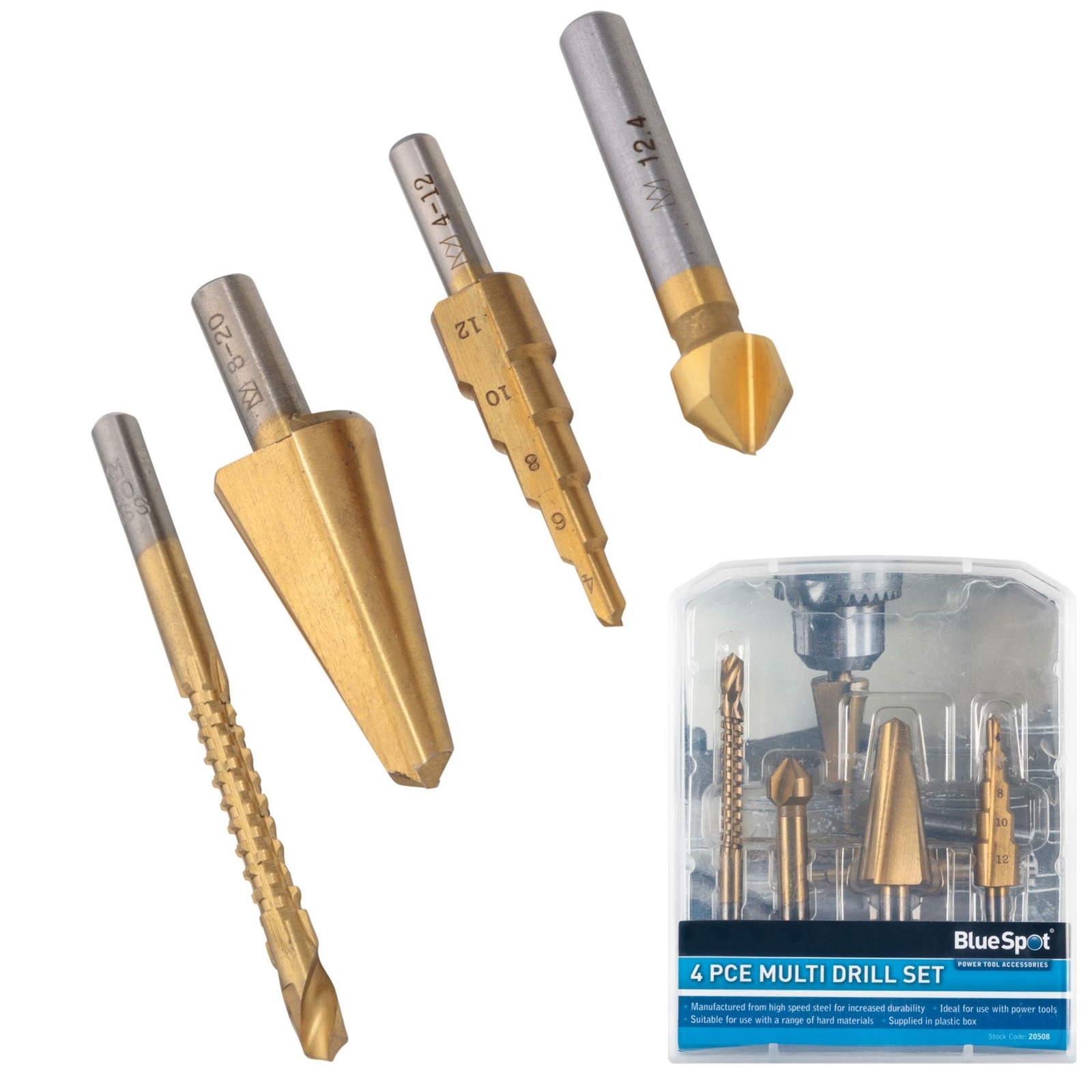 Bluespot 4pc Multi Drill Countersink Step Cone Drill Bit Set Wood Steel Metal