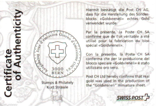 Suiza - "MONEDA EN SELLOS ~ ORO VRENELI" Especial Estampado Estampillada sin montar o nunca montada como nueva 2013 - Imagen 6 de 6