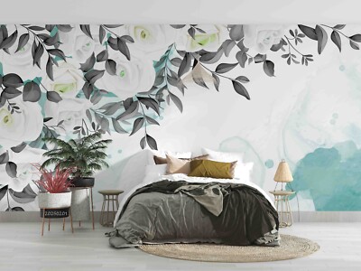 3D White Rose Flower Leaf Self-adhesive Removable Wallpaper Murals 10