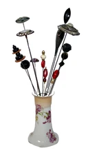 13 Hat ~ Stick Pins & Ceramic White & Peach Lusterware With Roses Hat Pin Holder