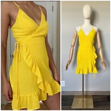 Free People Size Small Yellow White Polka Dot Wrap Mini Dress Ruffle V-Neck