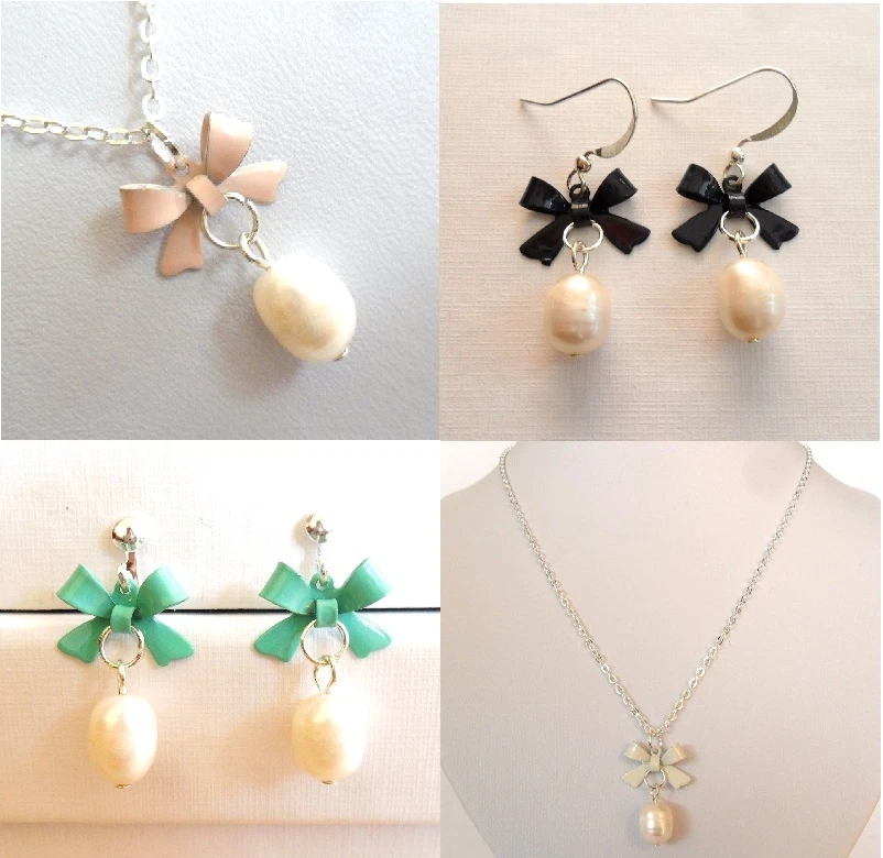 Genuine Pearl Earrings Necklace Set Tiny Bow Gift Box Clip on Pierced UK