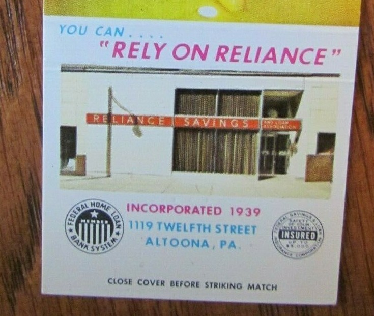 MATCHBOOK RELIANCE SAVINGS BANK (ALTOONA, PENNSYLVANIA) (c1960s