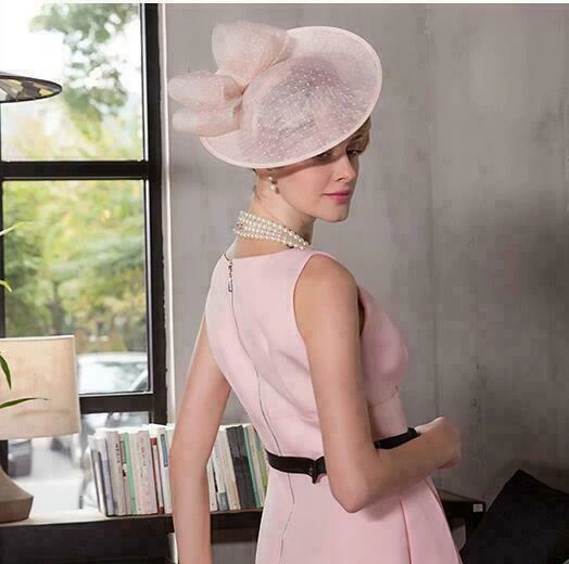 Mujer Kentucky Derby Iglesia Boda Noble Vestido Lino Pluma Sinamay Sombrero Foto 2 de 4