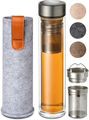 Teeflasche Glas Hellgrau mit Sieb Trinkflasche Thermo Bereiter Edelstahl Tee