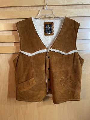 Cooper Genuine Leather Vest Size L Full Snaps Faux Fur Insulation Brown Made USA