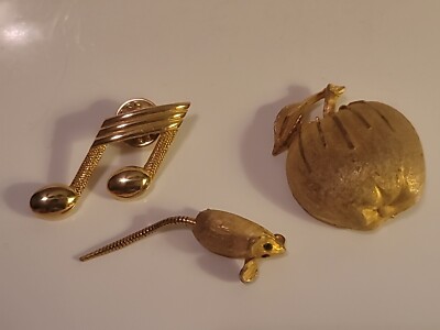 Pins/Brooch Lot of 3 Vintage Gold Toned BSK Apple JJ Music Note Mouse w/Tail