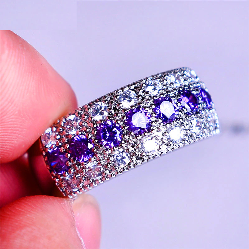 4ct Amethyst Diamond Wedding Band 14k Solid White Gold Half Eternity-image