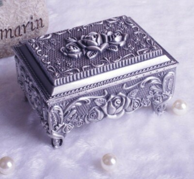 VINTAGE TIN ALLOY RECTANGLE  FLOWER MUSIC BOX   : BRAHMS LULLABY 