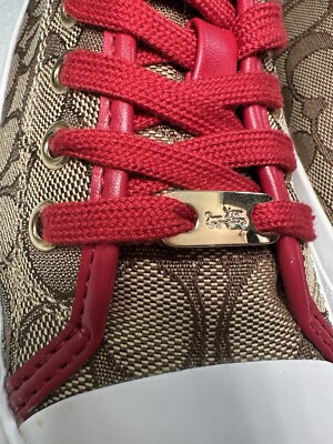 Coach Sneaker Womens 7 B Shoes Red Trim Logo Monogram Lace Up Low