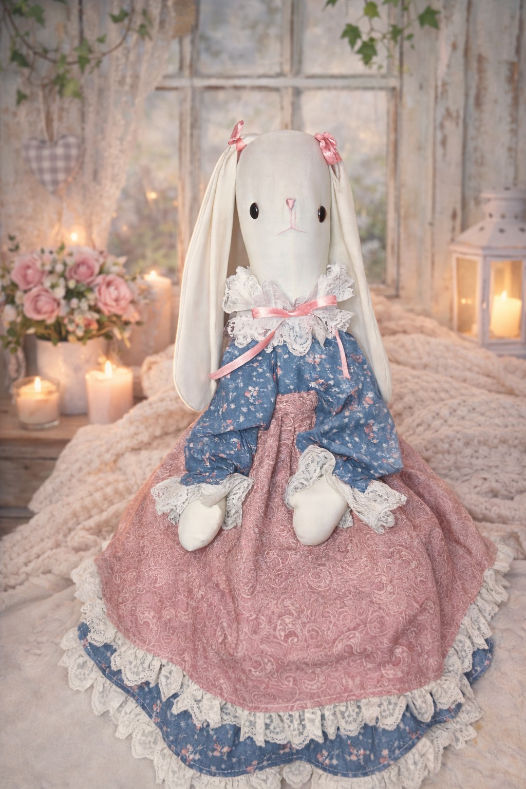 Handmade Vintage Style Bunny Doll &ndash; Lace & Floral Dress-21