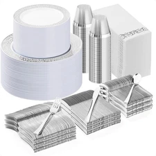700PCS Silver Plastic Dinnerware Set for 100 Guests, Disposable Plates for Pa...