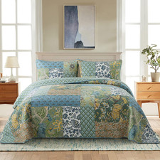 Cotton Patchwork Bedspread, 3-Piece Bedding Quilt Set with Real Stitched Embroid