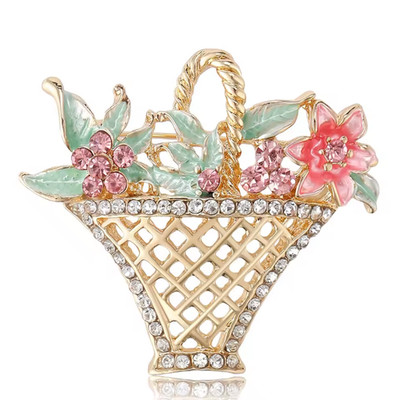 Luxury Easter Spring Flower Basket Brooch Pin Gold Sparkling Crystal Jewelry Gif
