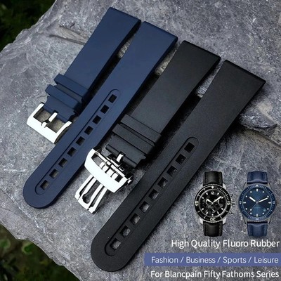 Fluorine Rubber Watchband for Blancpain Fifty Fathoms 23mm Black Blue Soft Band