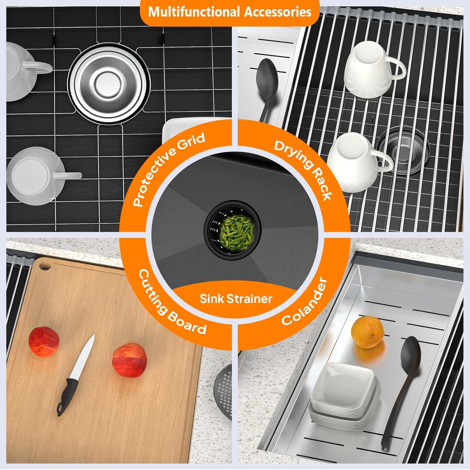 33 Inch Kitchen Sink, Single Bowl Undermount, Built-in Drying Rack & Board