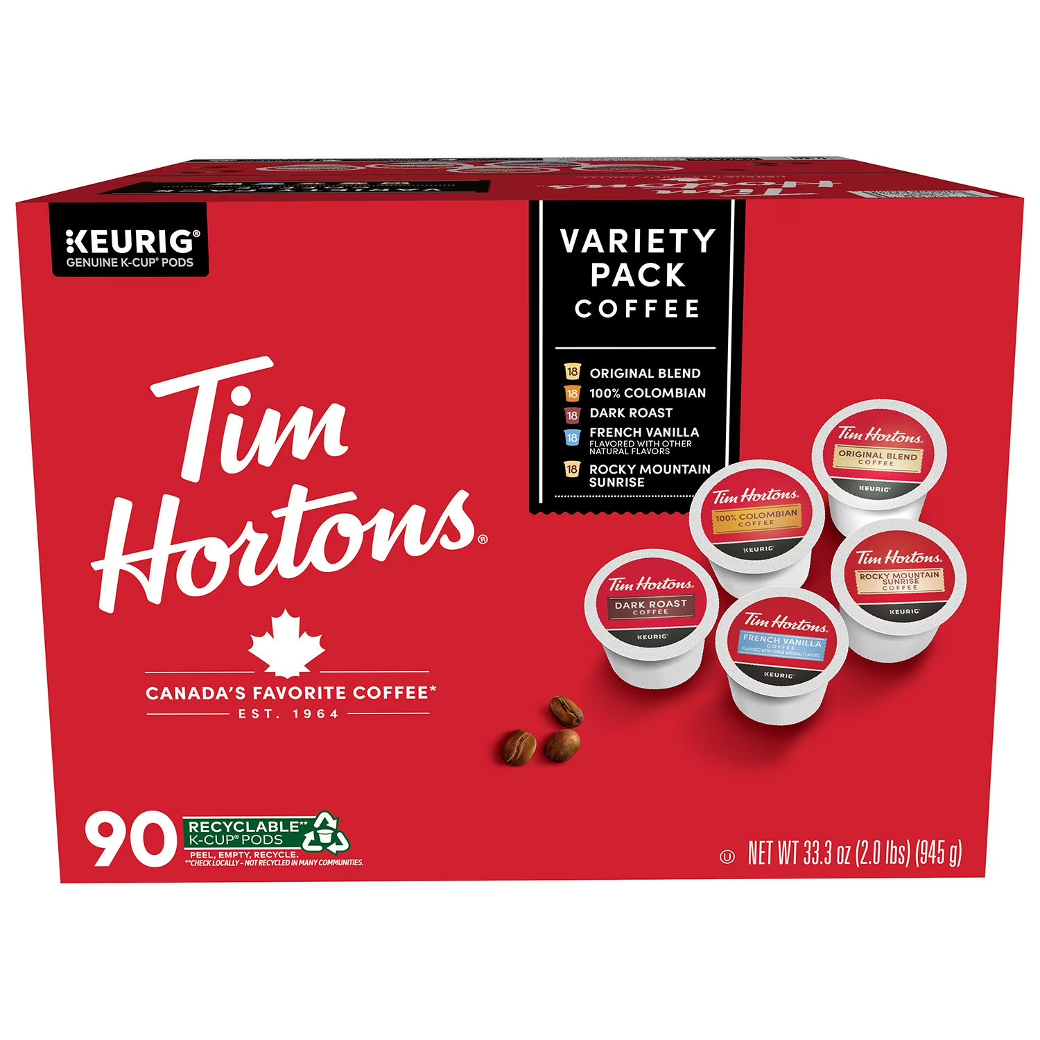 Tim Hortons K-cup Coffee Pods, Variety Pack, 90 ct.