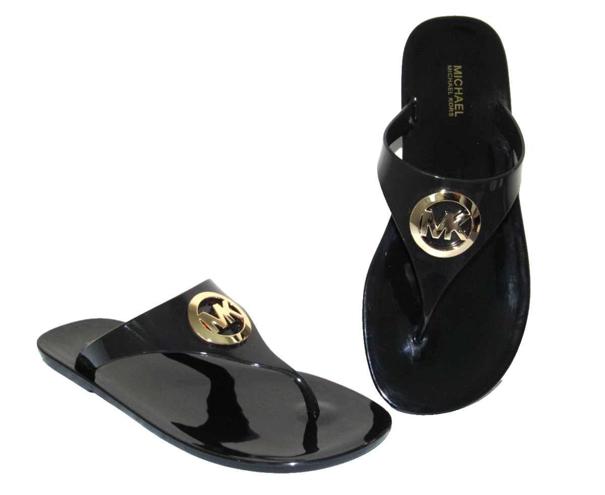 Michael Kors Lillie Black Jelly Thong Sandals Womens size Gold