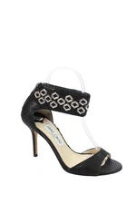 Jimmy Choo Womens Back ZIp Stiletto Snake Print Sandals Black Leather Size 37