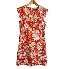 Jessica Howard Linen Dress Hawaiian Womens Sz 6 Midi Tan Orange Floral Ruffle