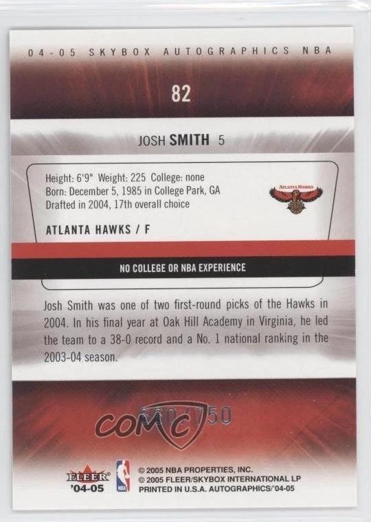 2004-05 Skybox Autographics /750 Josh Smith #82 Rookie RC - Image 2 of 2