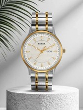 Timex Mens Watch White Solid Dial Silver Stainless Steel Bracelet Date 30M