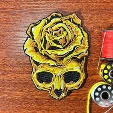 Goth Patch Yellow Rose in Yellow Skull Vase Punk Embroidered Iron On 3.25x2.5"
