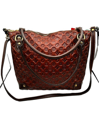 Marino Orlandi Tooled Embossed Monogram Logo Brown Leather Satchel Handbag NWT