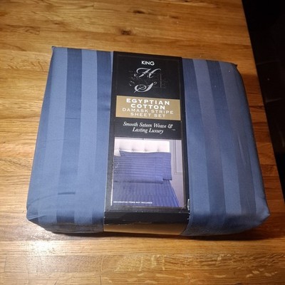 Hotel Style King Egyptian Cotton Damask Stripe Sheet Set Blue Smooth Sateen