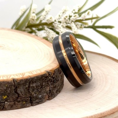 Black Brushed With Grooved Christmas Band 8mm Polished Rose Gold Tungsten Ring