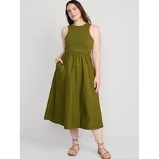 NWT Old Navy Fit & Flare Combination Green Midi Dress Size Small - Pockets
