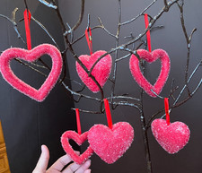  6 Red Beaded  Glittered Heart "Valentine  s Day" Ornaments - 5"-3.5"-3"