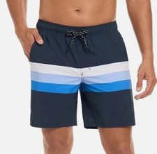 Hurley Men's S Navy  Blue Striped Swim Shorts With UPF 50 4-Way Stretch n1272