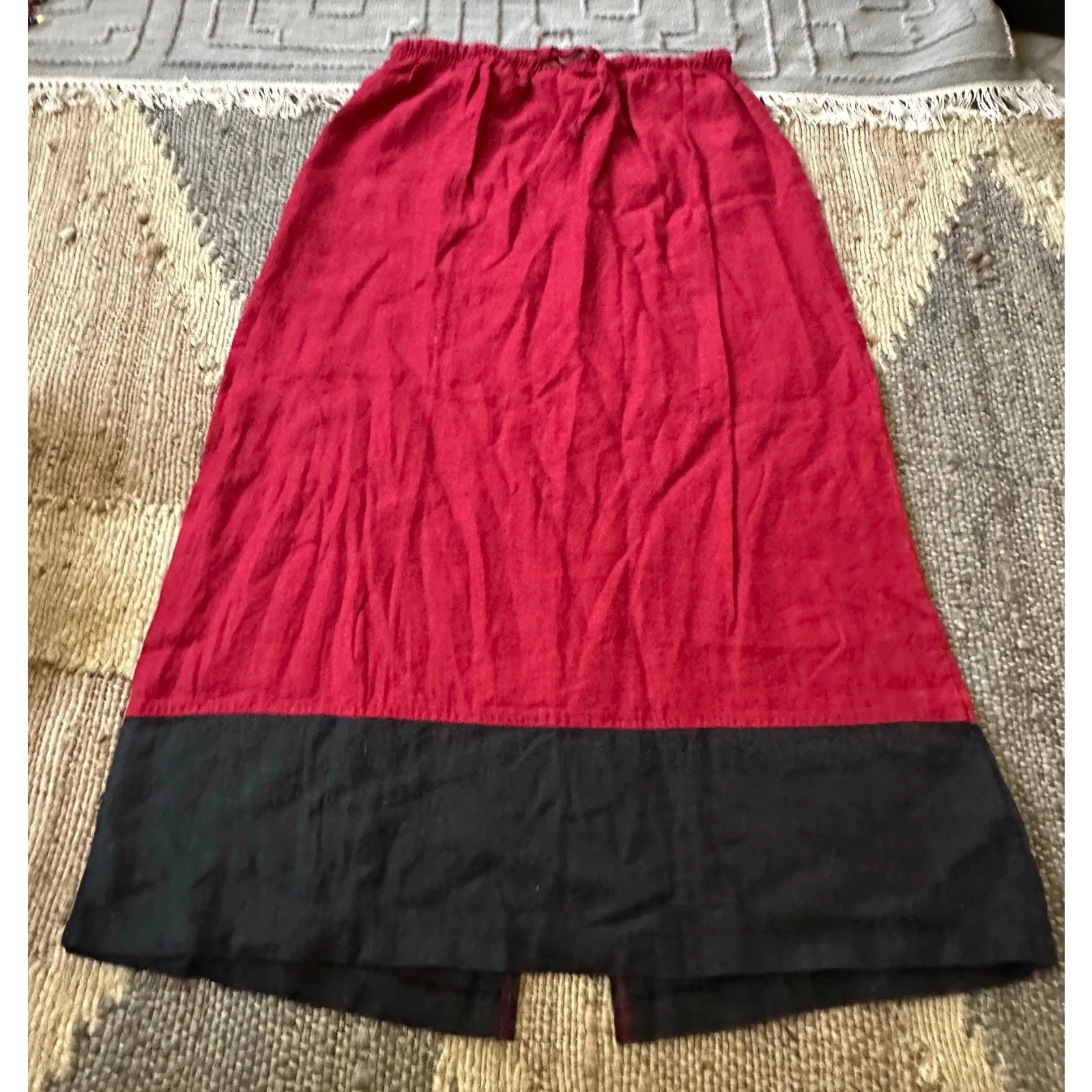 Vintage Casual Linen Skirt XL Maxi Pull On Drawstring red black Colorblock Onque