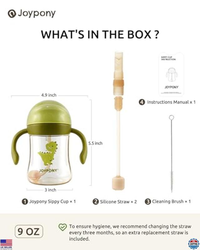 Toddler Sippy Cups 1-3 Years - Spill-Proof Weighted Straw, BPA-Free, 9 oz, Green