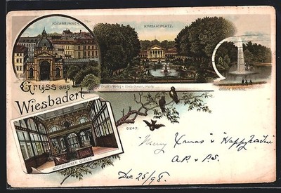 Lithograph Wiesbaden, cooking fountain, Kursaalplatz, cooking fountain spring 1898 