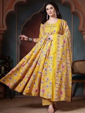 Indian Women Yellow Cotton Floral Printed Anarkali Kurta With Trouser  Dupatta